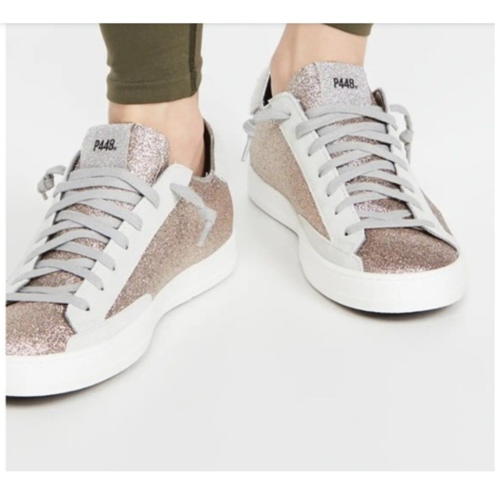 P448 John Rose Gold Glitter Suede Calf Hair Low Top Sneakers Womens 37 US‎ 6.5-7